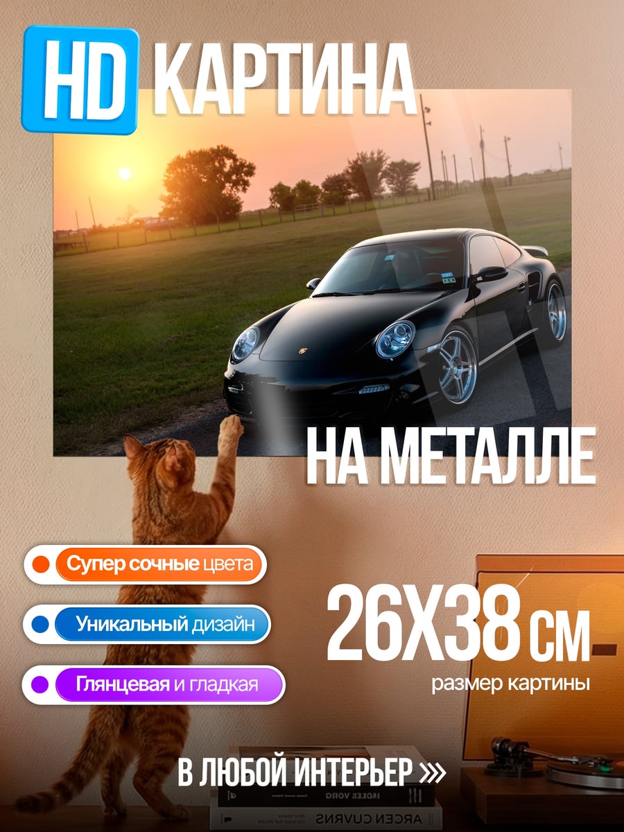 Картина на металле черный порше закат