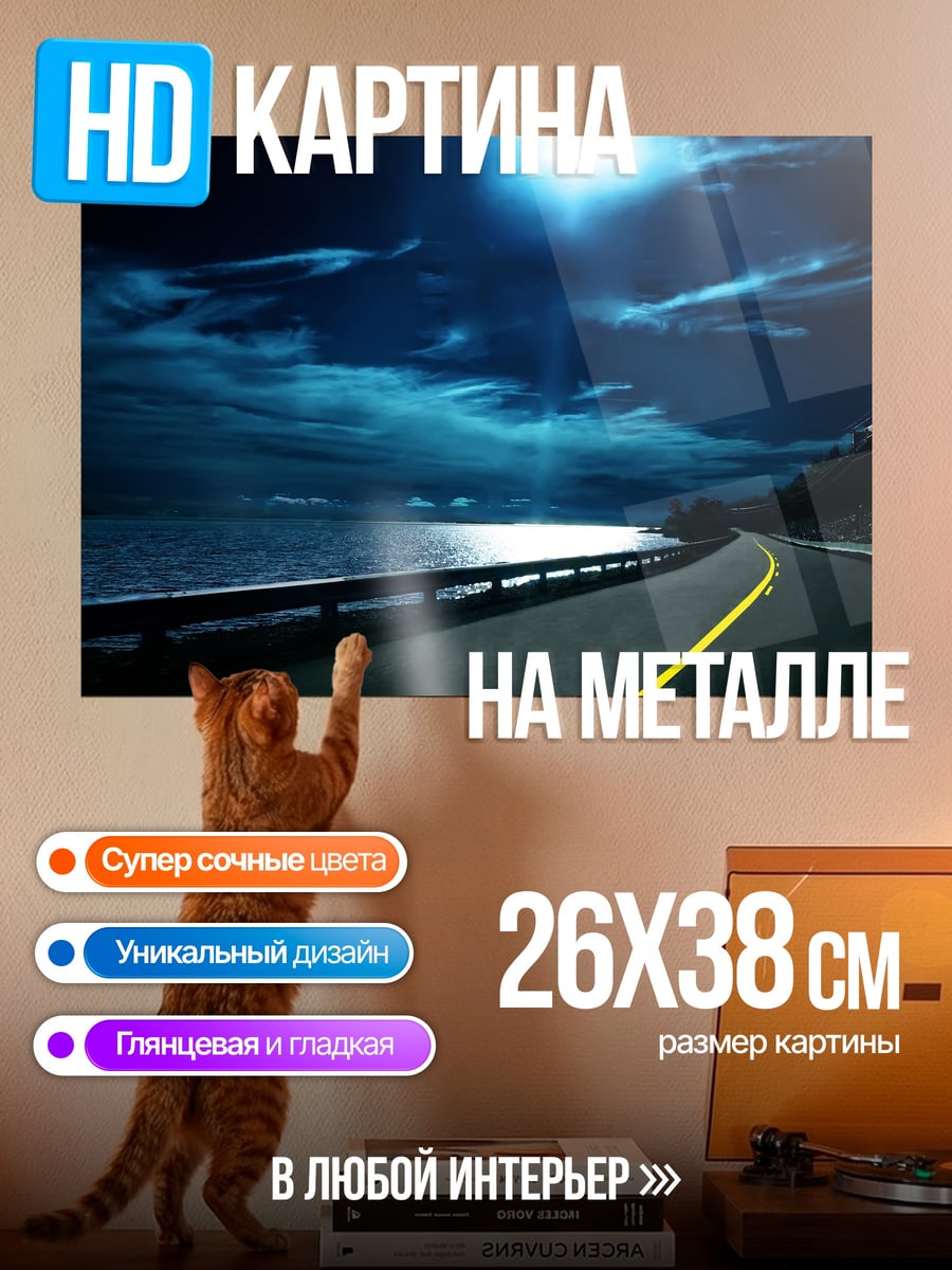 Картина на металле Ночная дорога море
