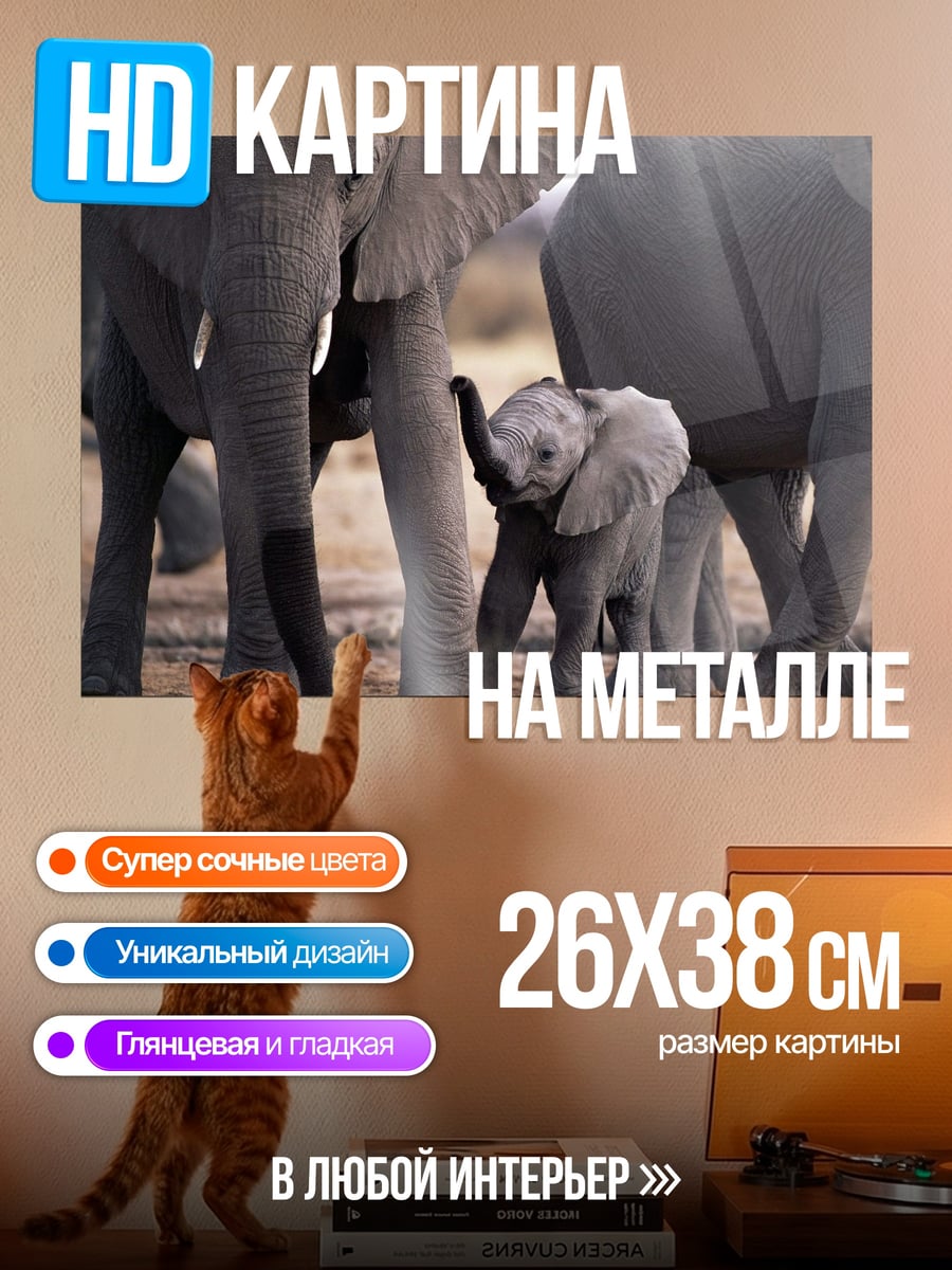 Картина на металле Семья слонов