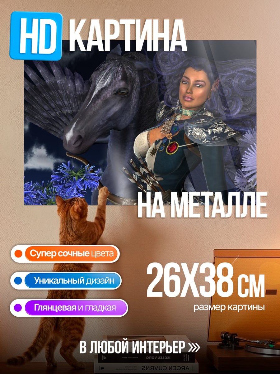 Картина на металле Темная эльфийка с пегасом