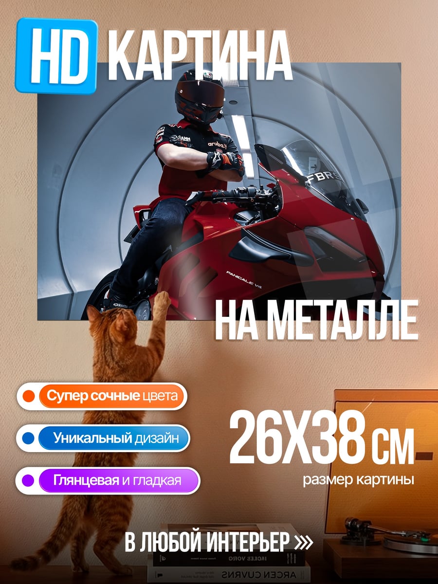 Картина на металле Красный мотоцикл