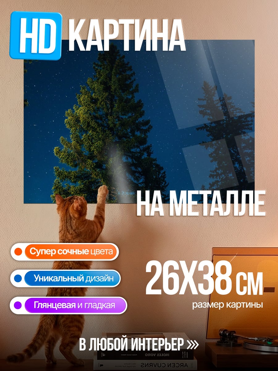 Картина на металле ночное небо ели