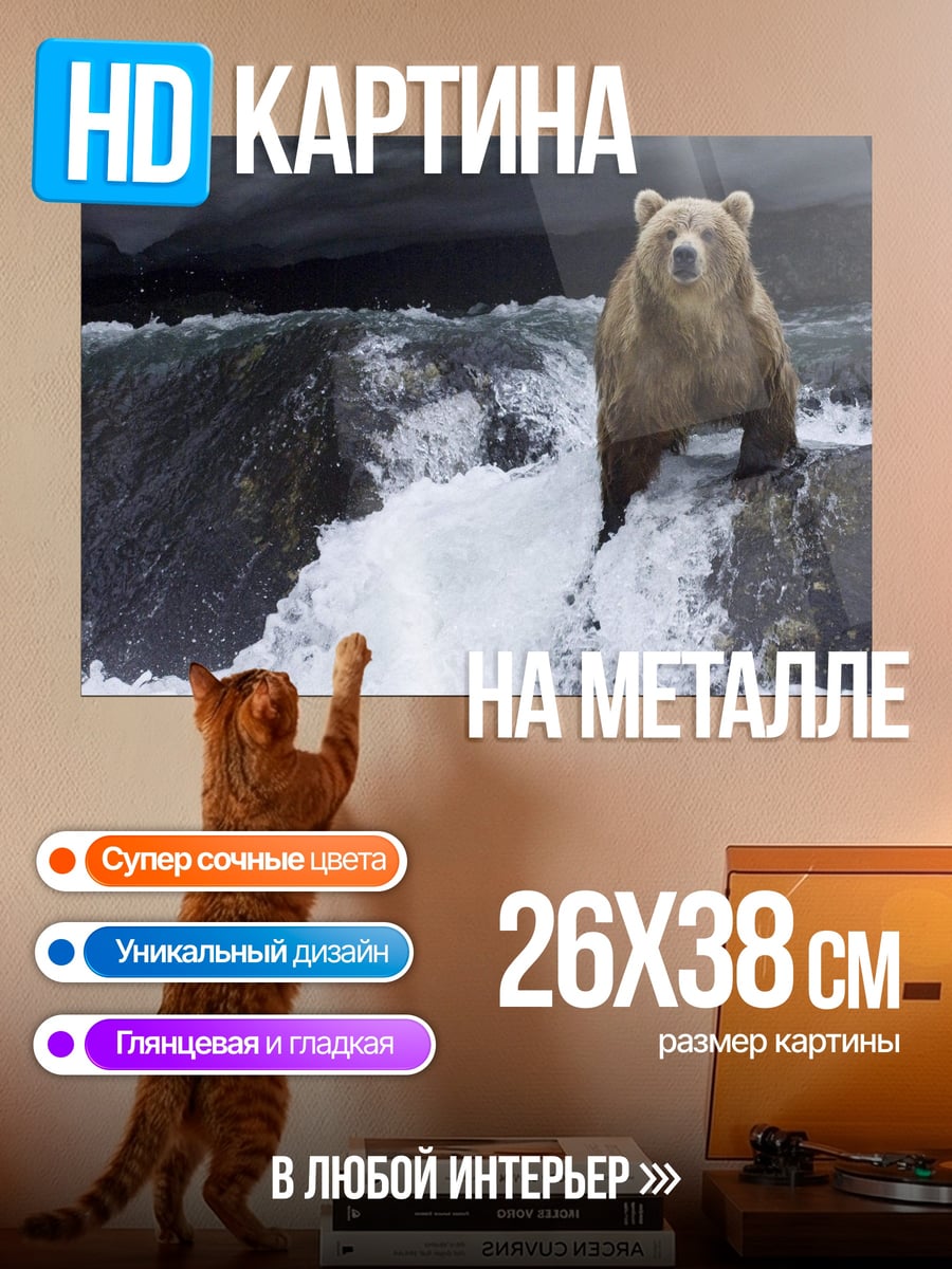 Картина на металле Медведь на водопаде