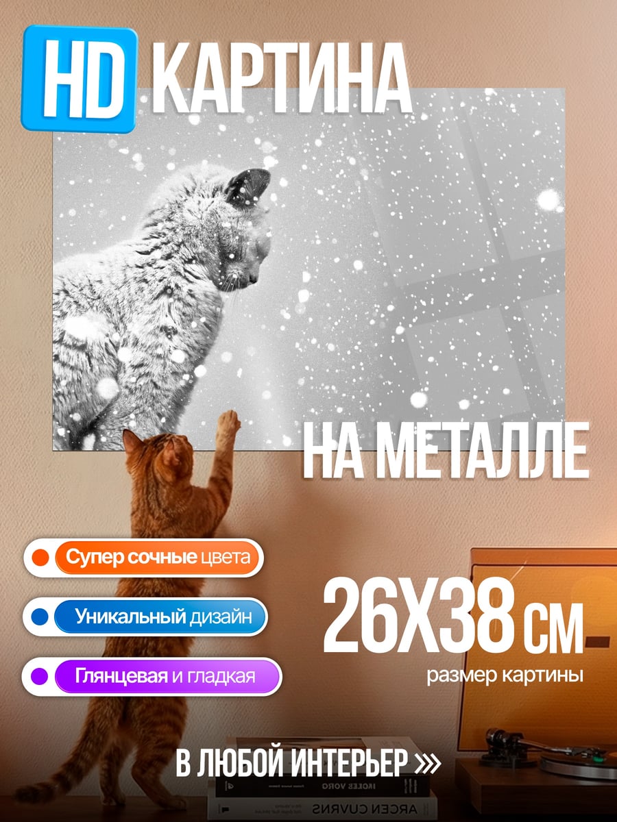 Картина на металле кот в снегу
