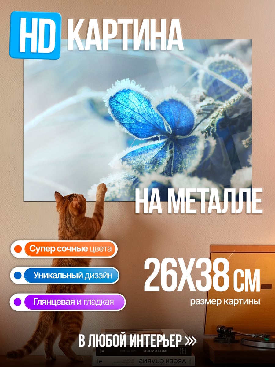 Картина на металле Морозный синий цветок
