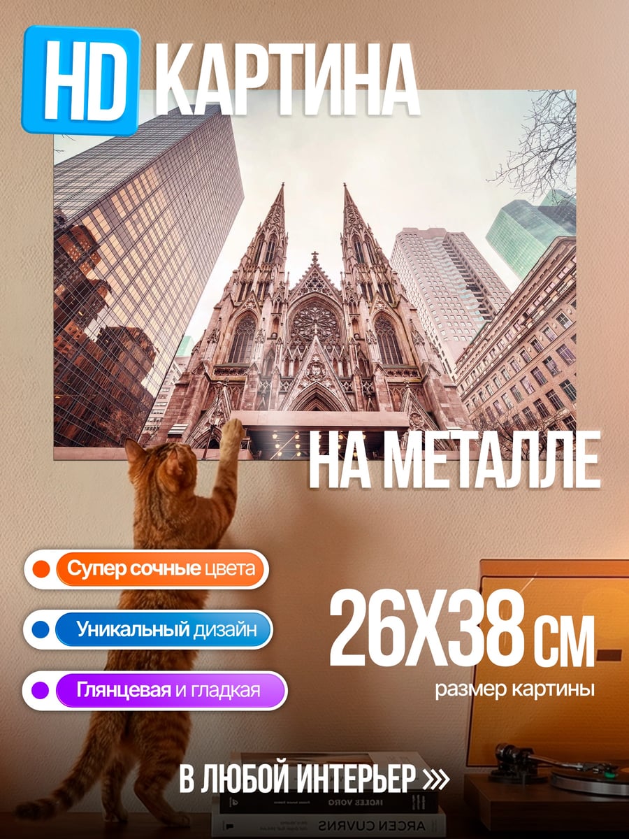 Картина на металле Собор и небоскребы