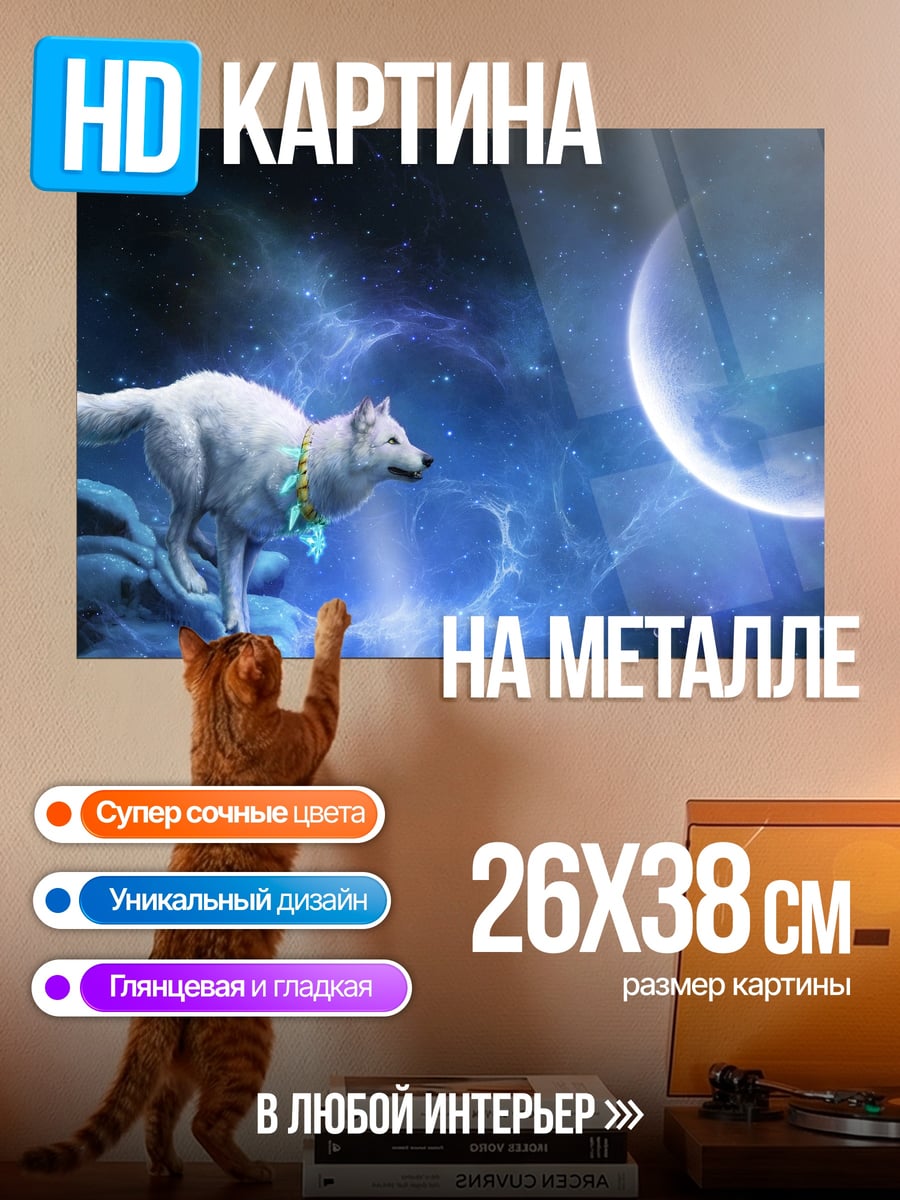 Картина на металле Белый волк космос