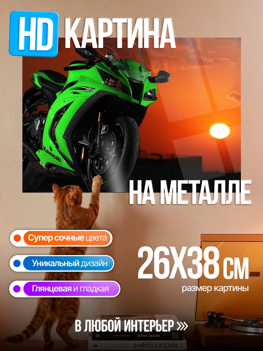 Картина на металле Зеленый мотоцикл закат