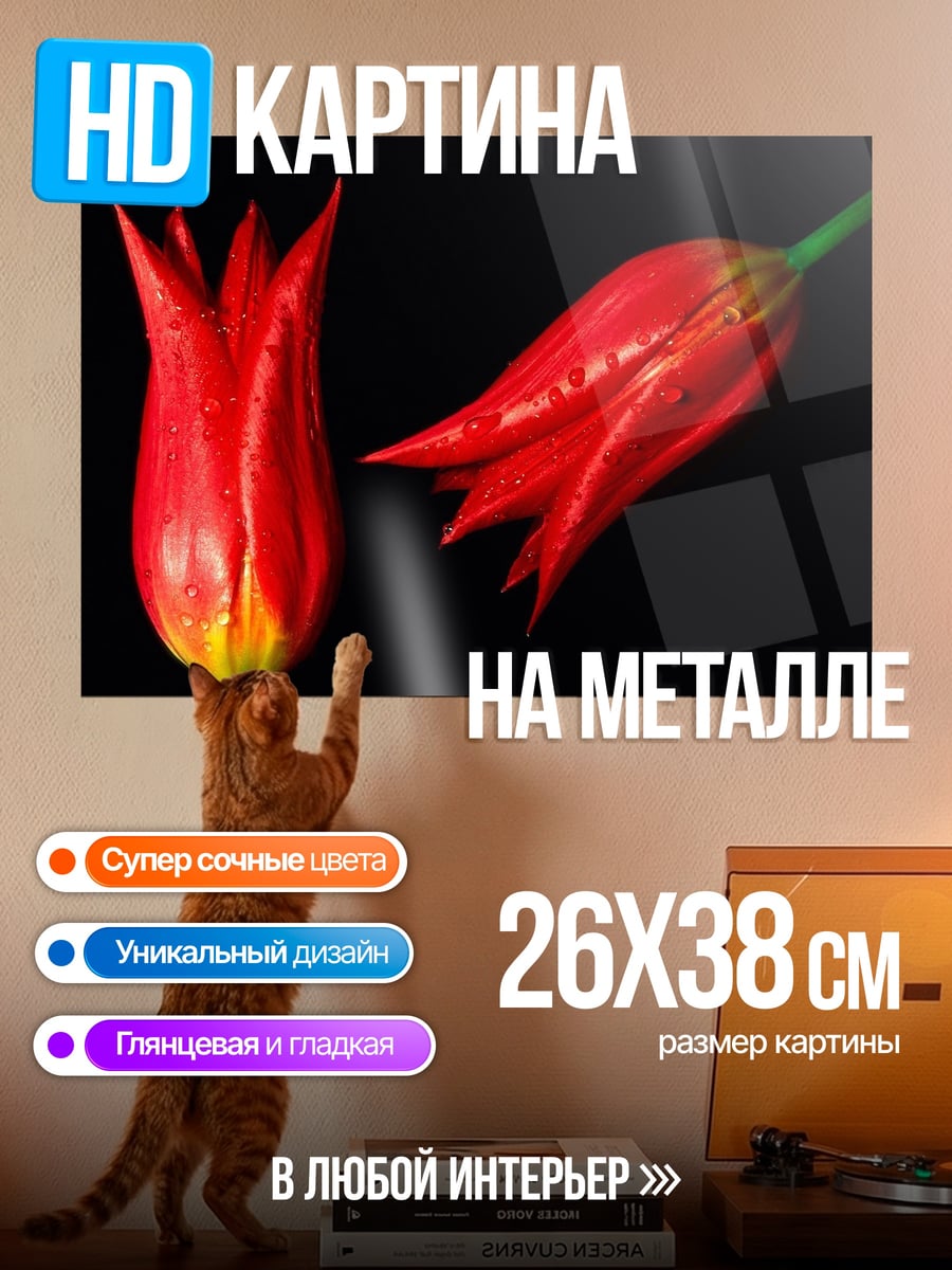 Картина на металле красные тюльпаны