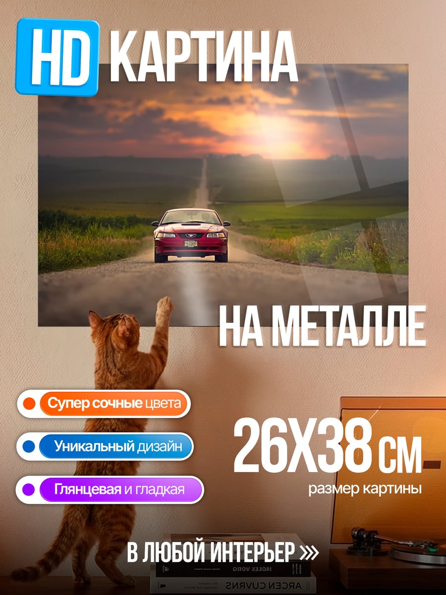 Картина на металле Красный автомобиль на дороге