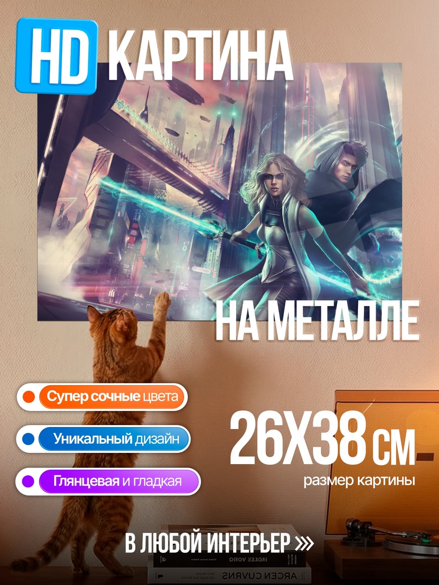 Картина на металле Киберпанк пара с мечами