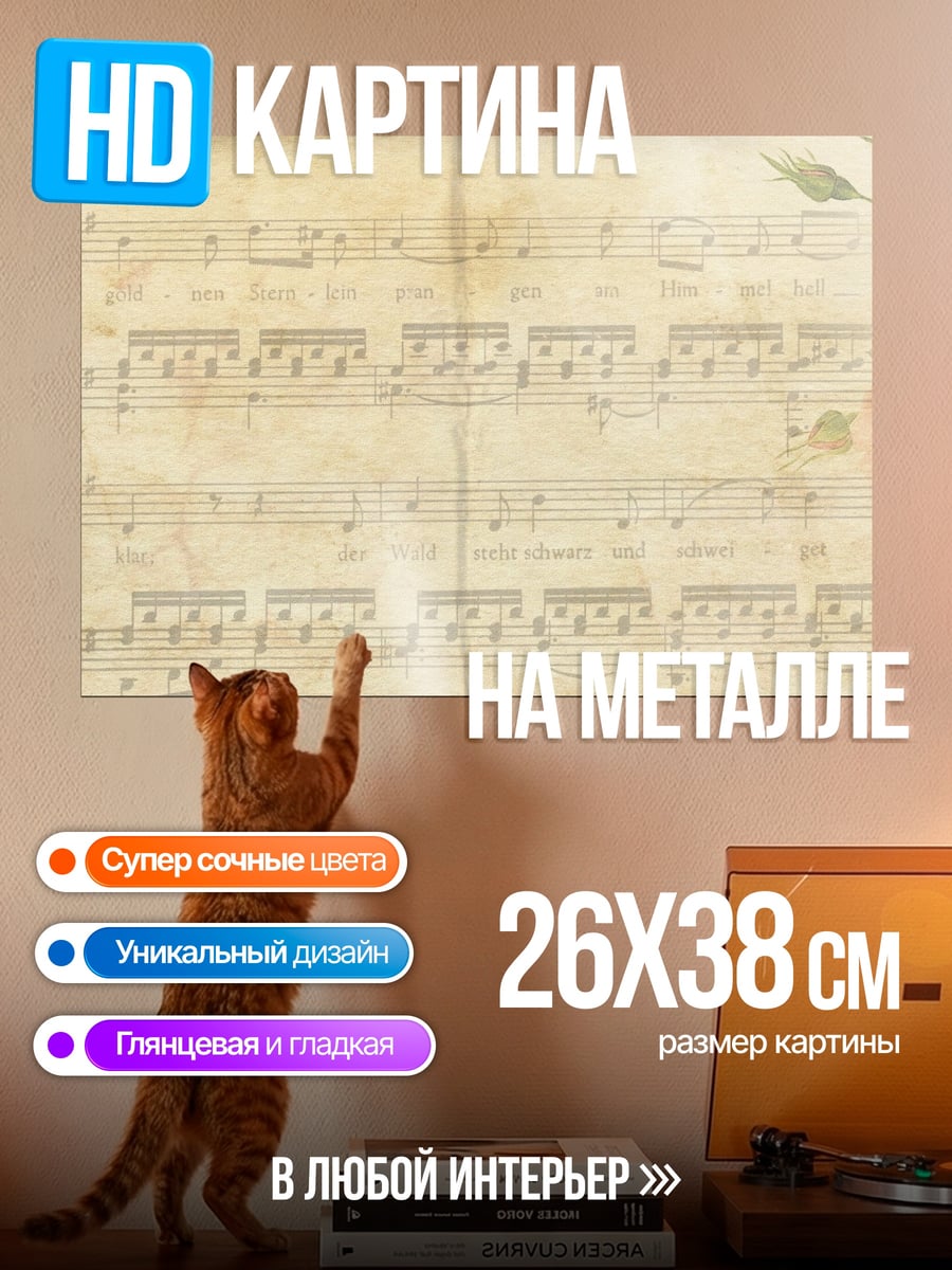 Картина на металле Старинные ноты с розами