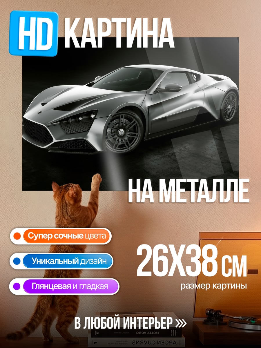 Картина на металле спортивный автомобиль серебристый