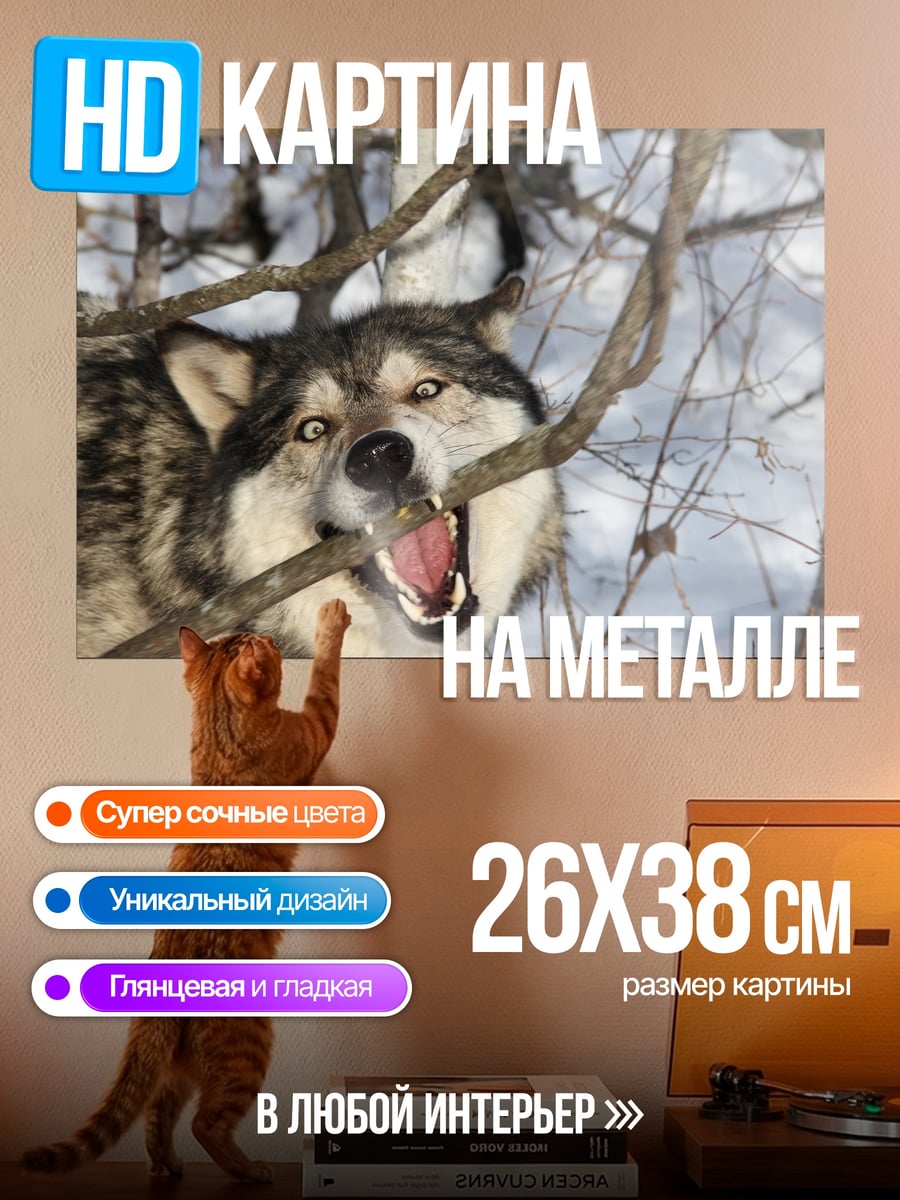 Картина на металле волк ветка зима