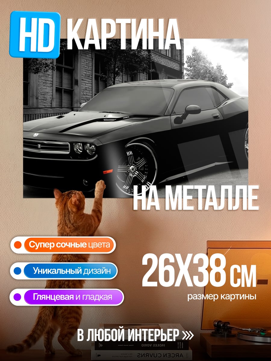 Картина на металле Черный Dodge Challenger