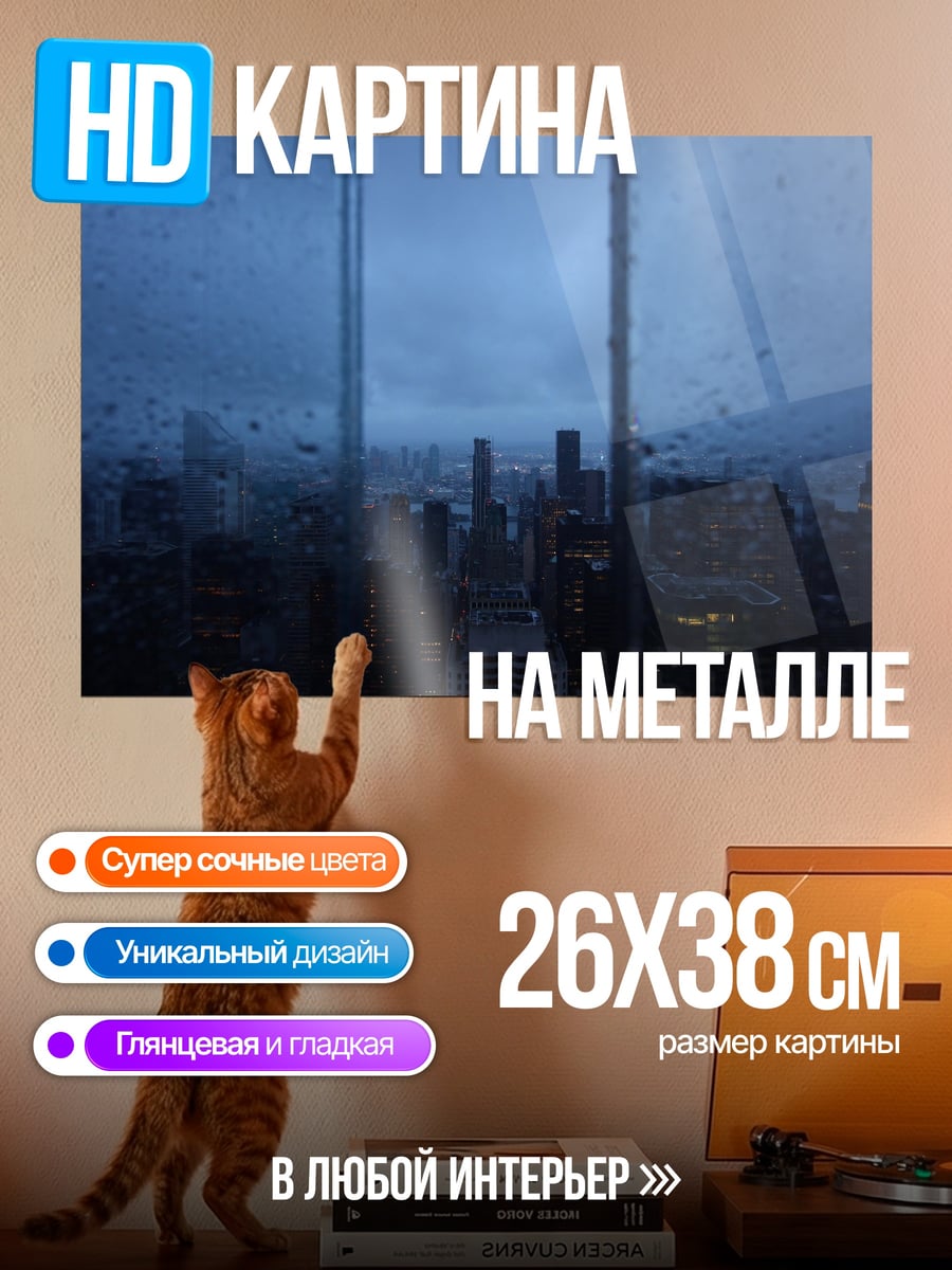Картина на металле Городской пейзаж в дождь