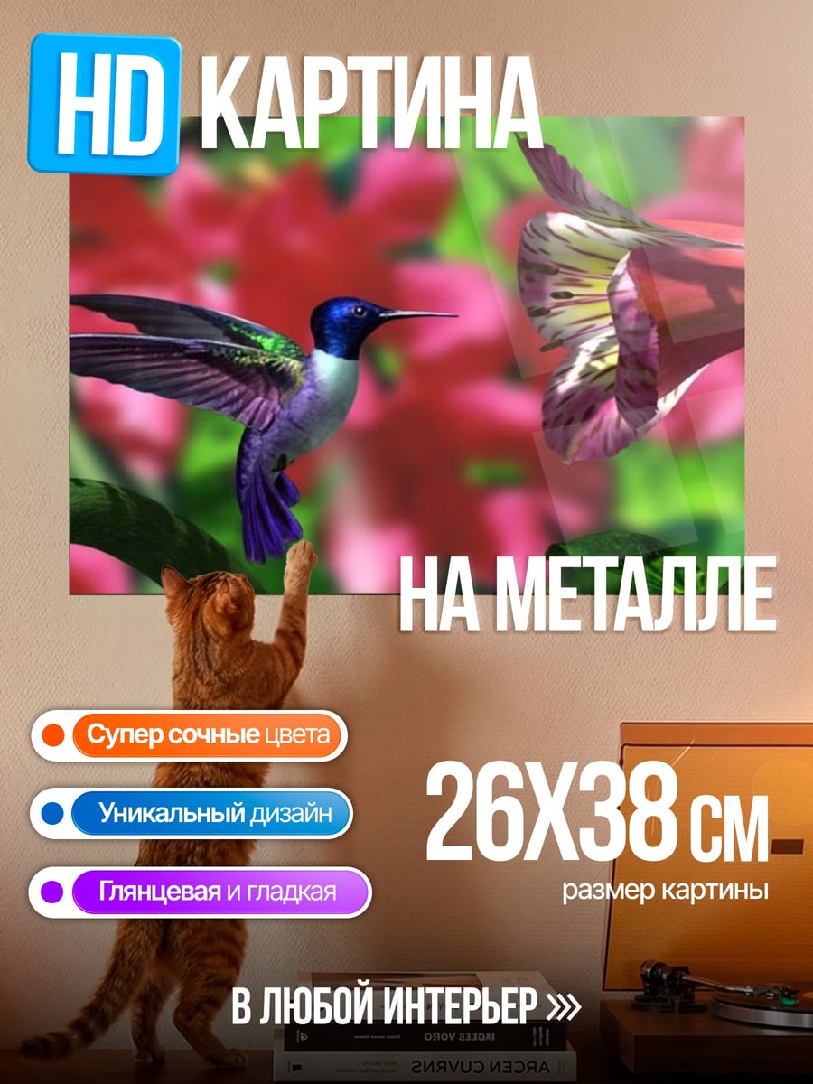 Картина на металле колибри и цветок