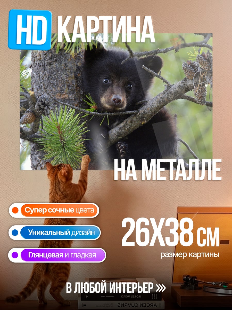 Картина на металле медвежонок на дереве