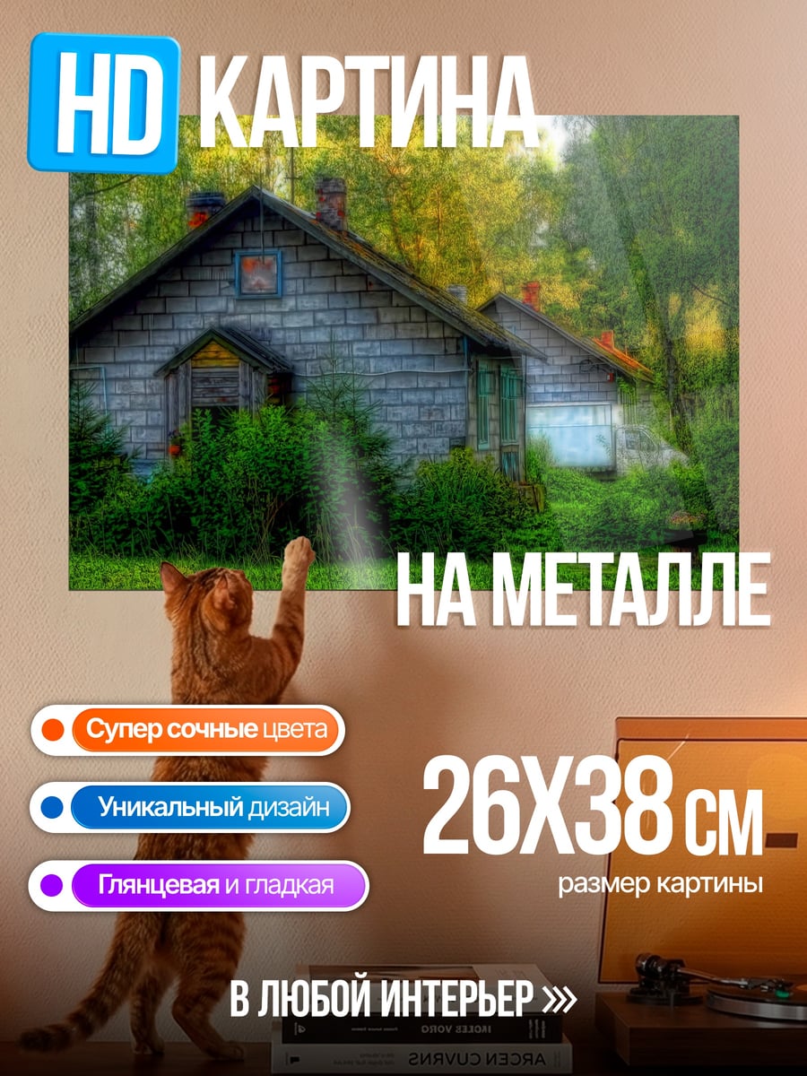 Картина на металле Старый дом в лесу