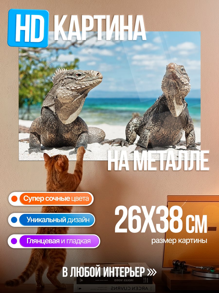 Картина на металле Две игуаны на пляже