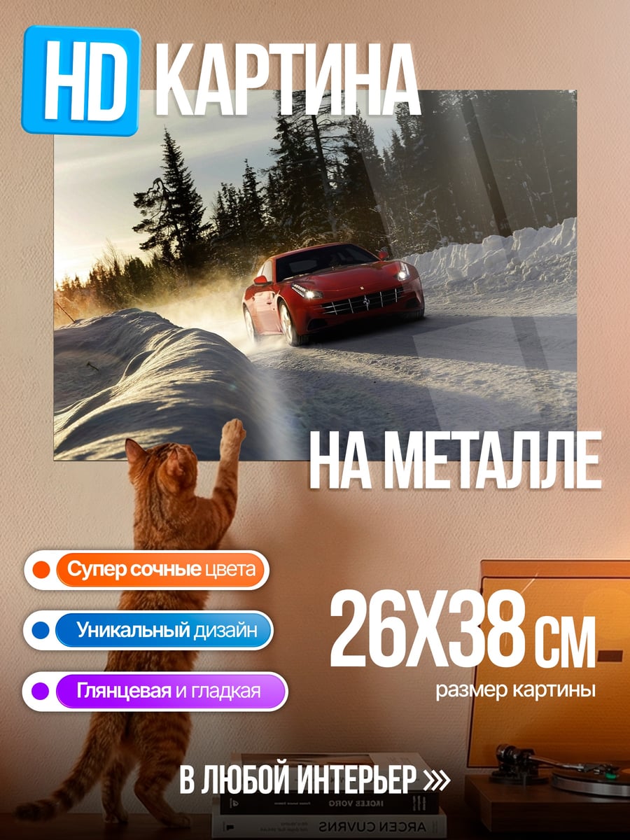 Картина на металле Красный спорткар зима