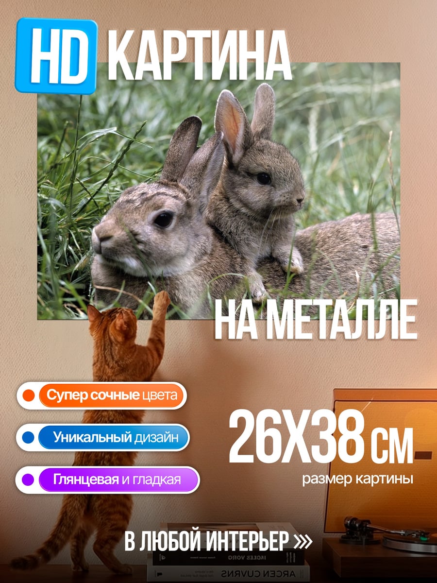 Картина на металле Два кролика трава
