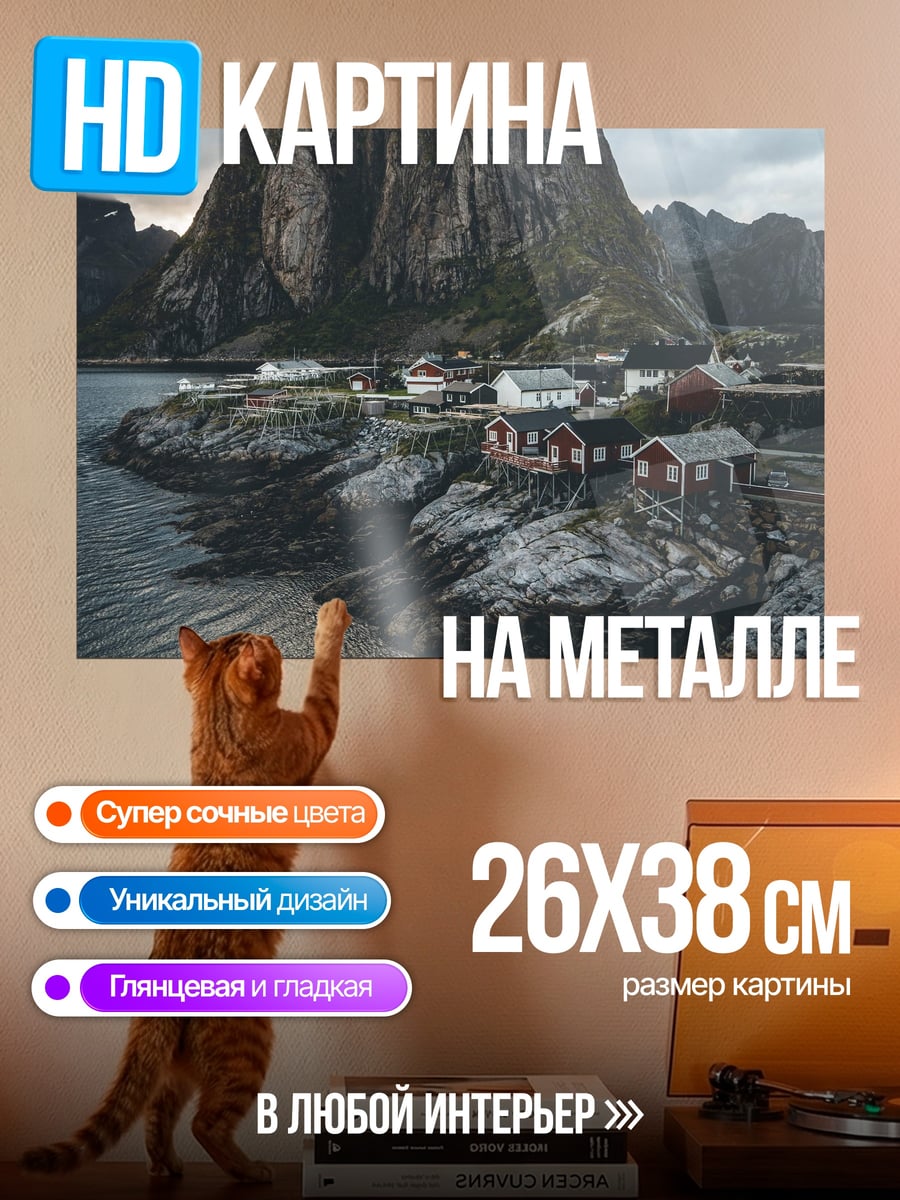 Картина на металле Норвежская деревня на скалах
