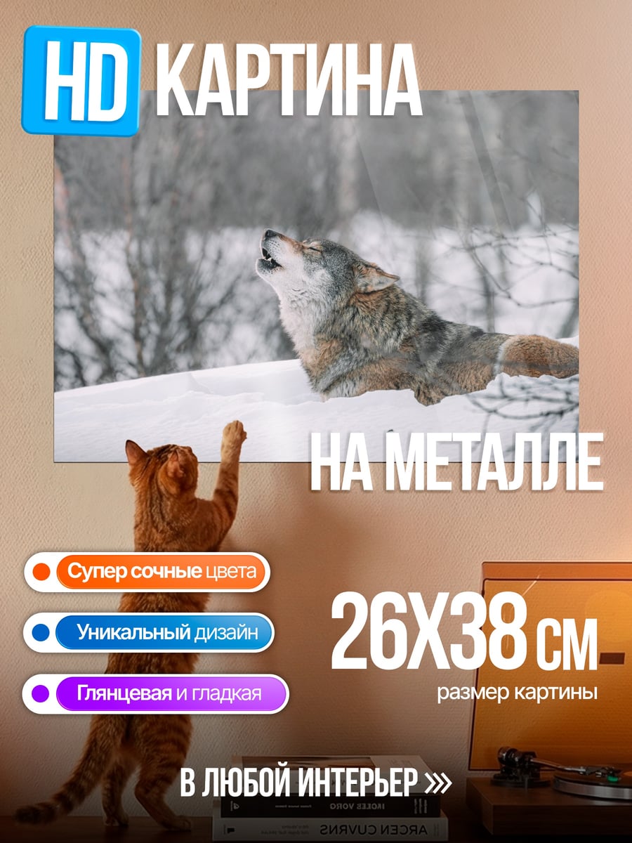 Картина на металле Воющий волк зимой