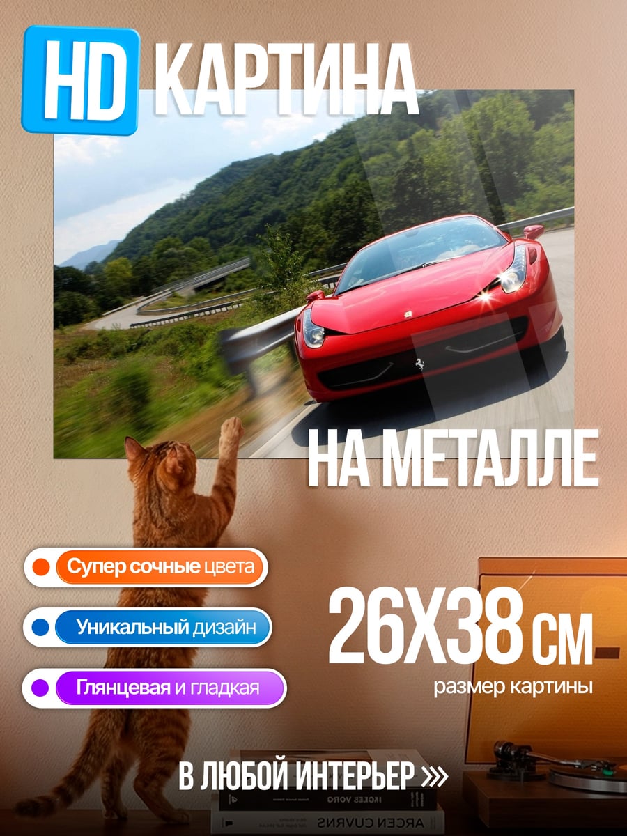 Картина на металле Красный спорткар в горах