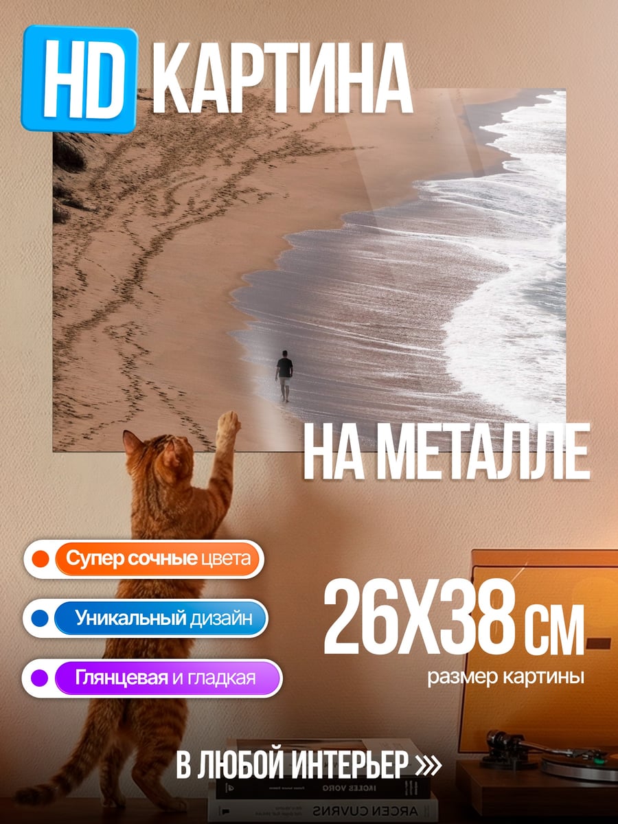 Картина на металле Одинокая прогулка по пляжу
