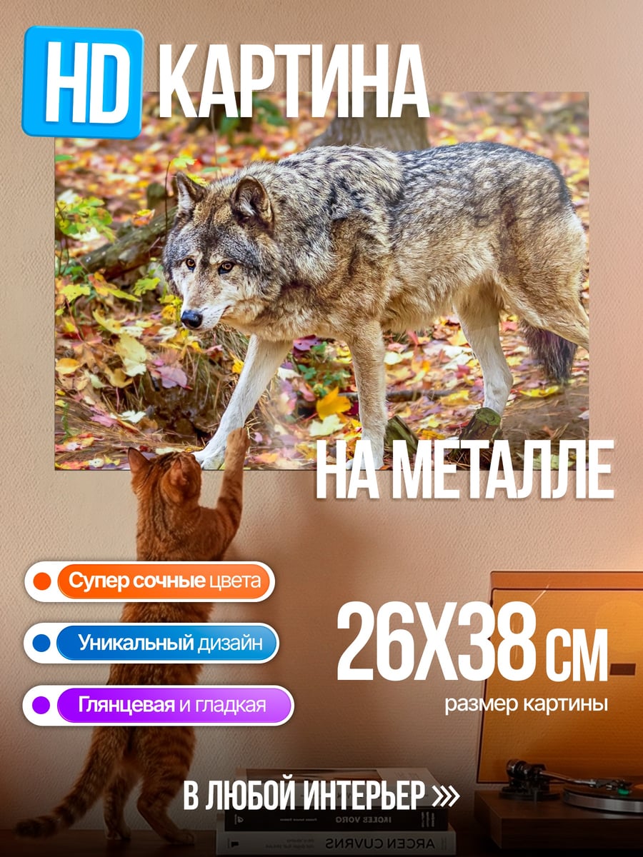 Картина на металле Волк осенью