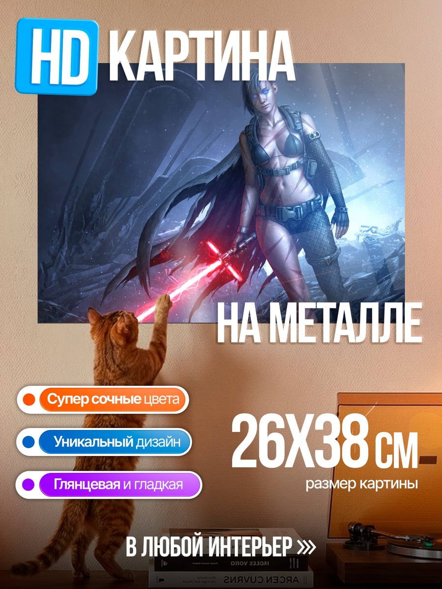 Картина на металле Девушка с красным мечом