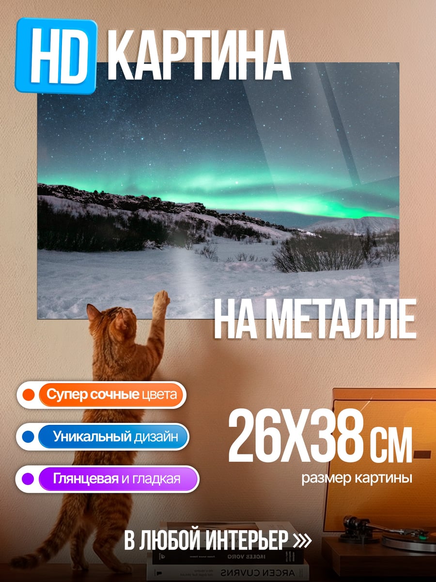 Картина на металле Северное сияние снег