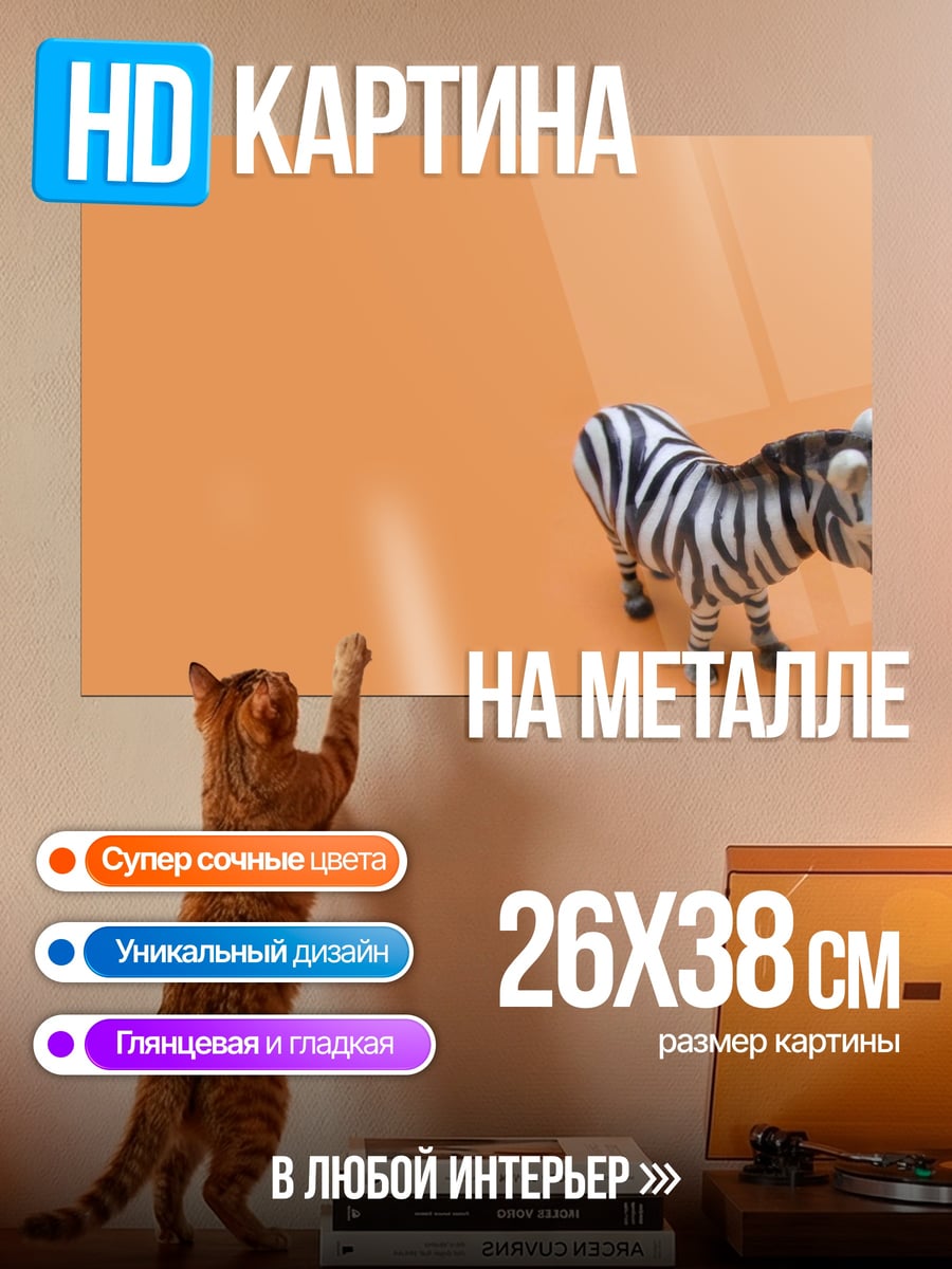 Картина на металле Зебра на оранжевом