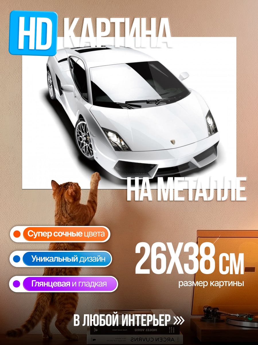 Картина на металле Белый спорткар Ламборгини