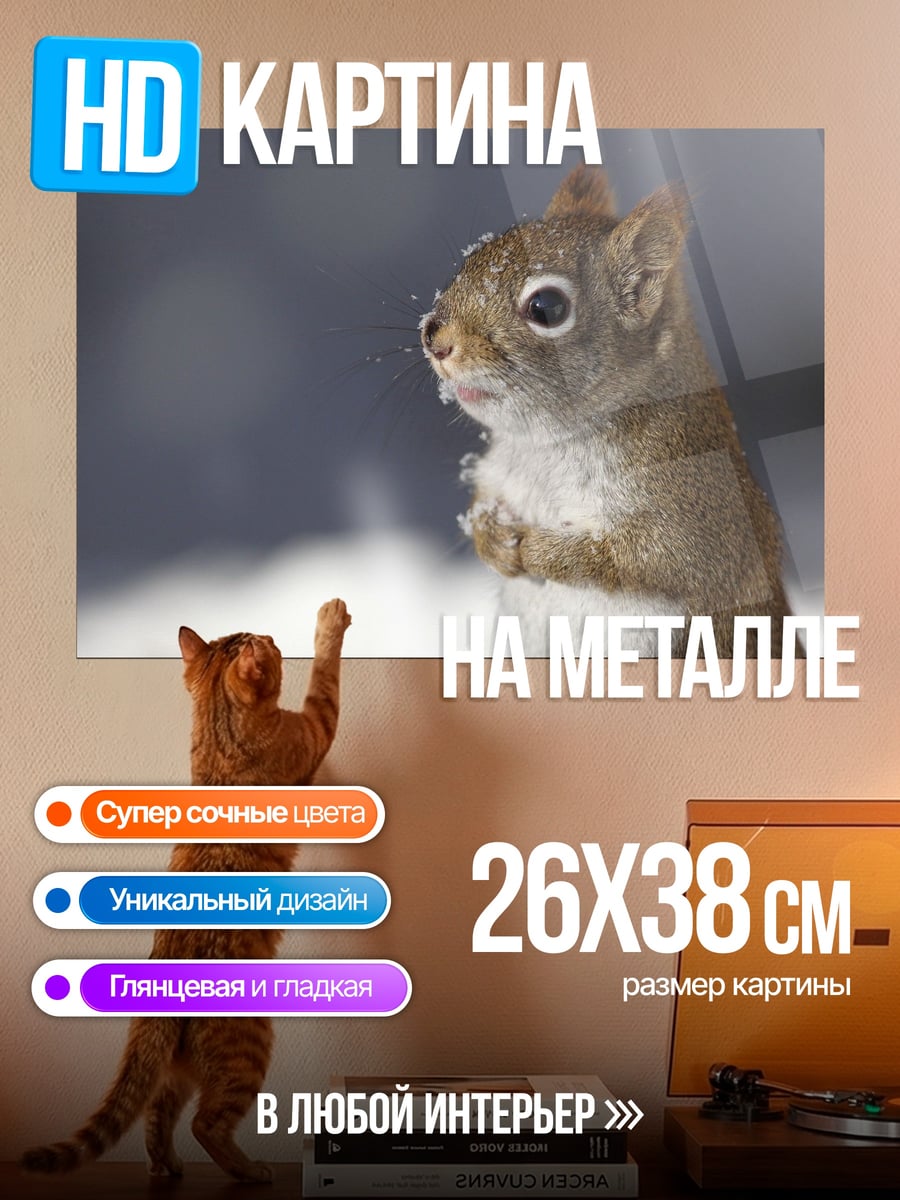 Картина на металле Рыжая белка зимой