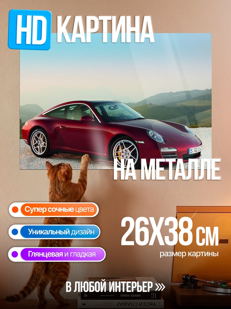Картина на металле Красный Порше на закате