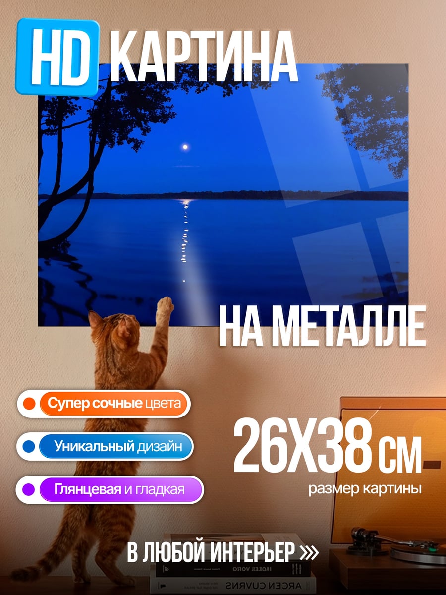 Картина на металле Ночное озеро луна