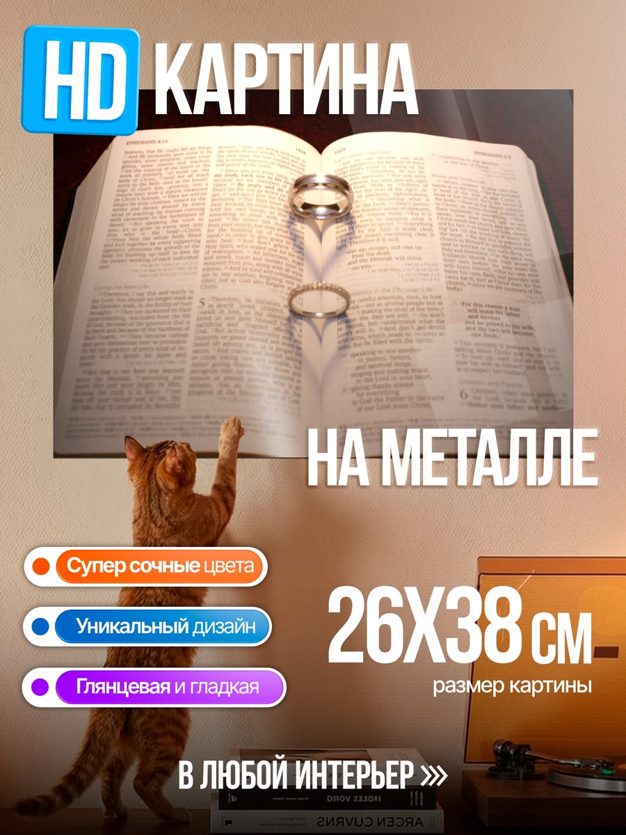 Картина на металле Обручальные кольца Библия