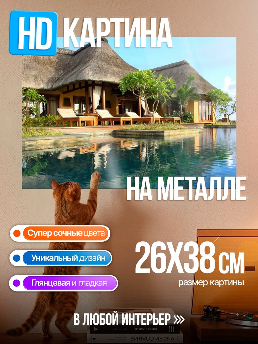 Картина на металле Дом у бассейна