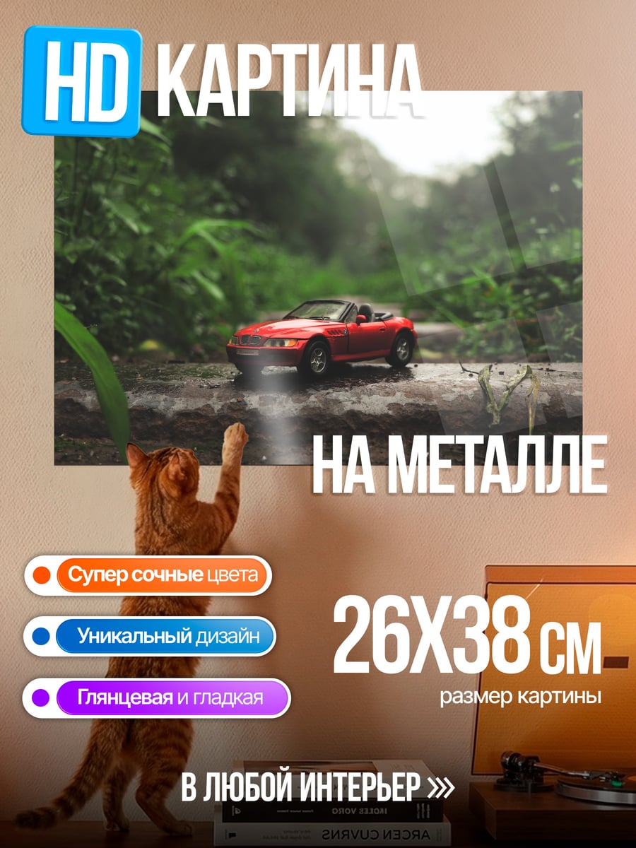 Картина на металле красный кабриолет в джунглях