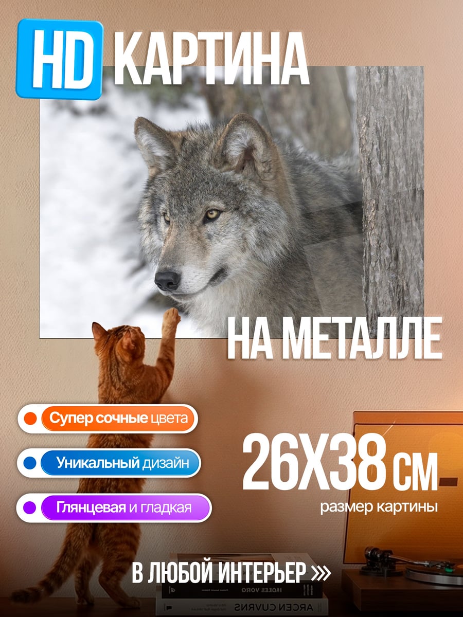 Картина на металле Волк в зимнем лесу