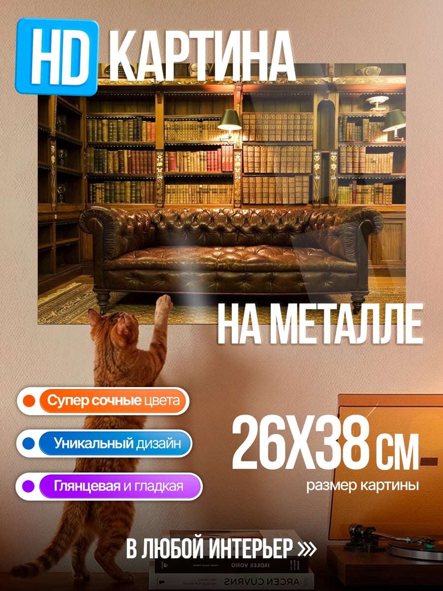 Картина на металле библиотека с диваном