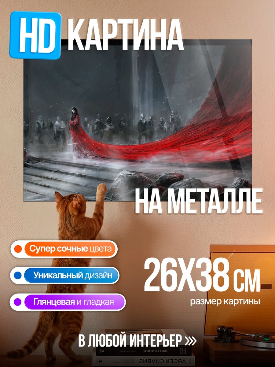Картина на металле красный плащ в зале