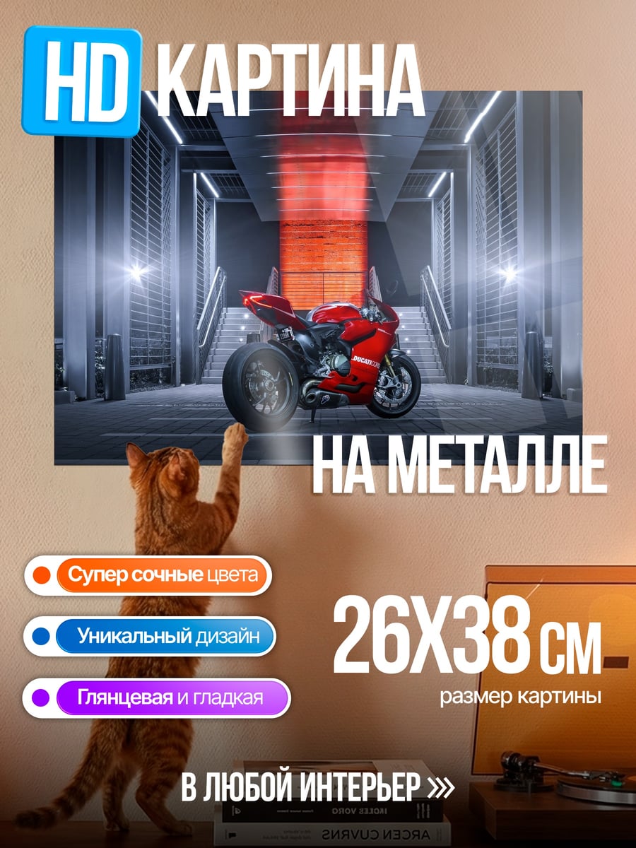 Картина на металле Красный мотоцикл в тоннеле