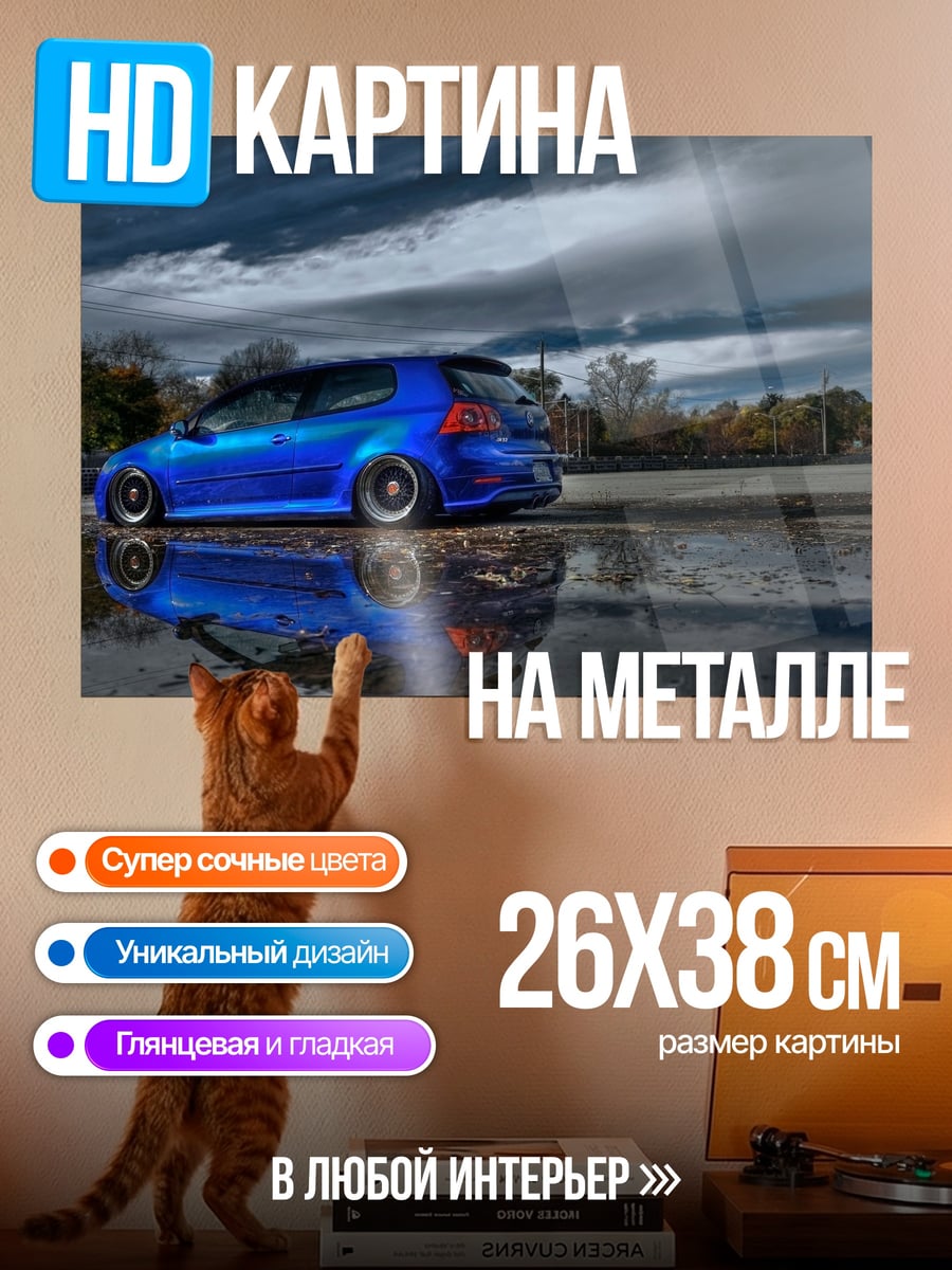 Картина на металле синий авто дождь