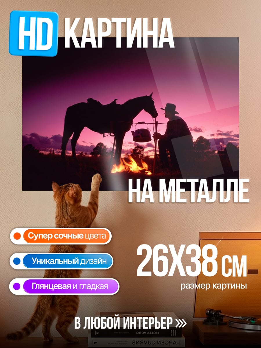 Картина на металле ковбой у костра