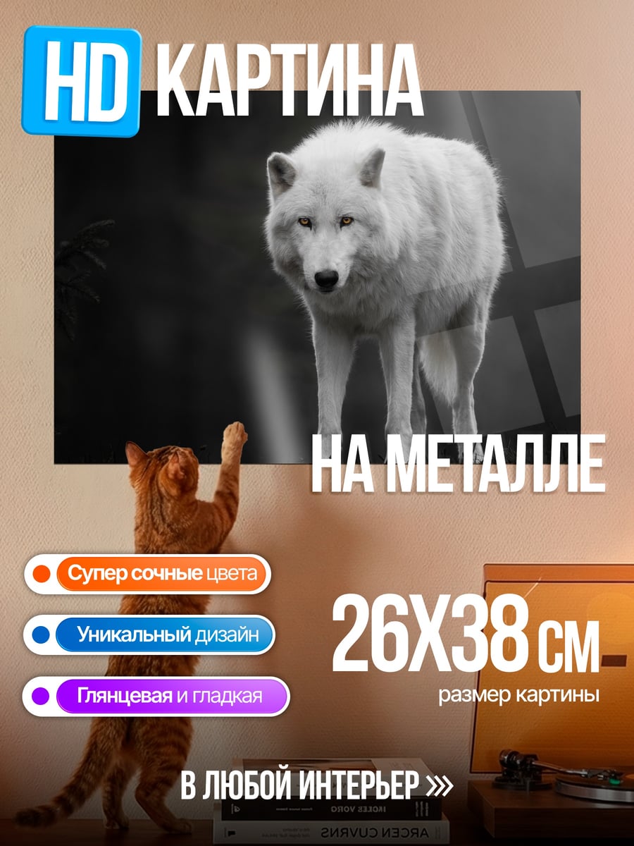 Картина на металле белый волк в лесу