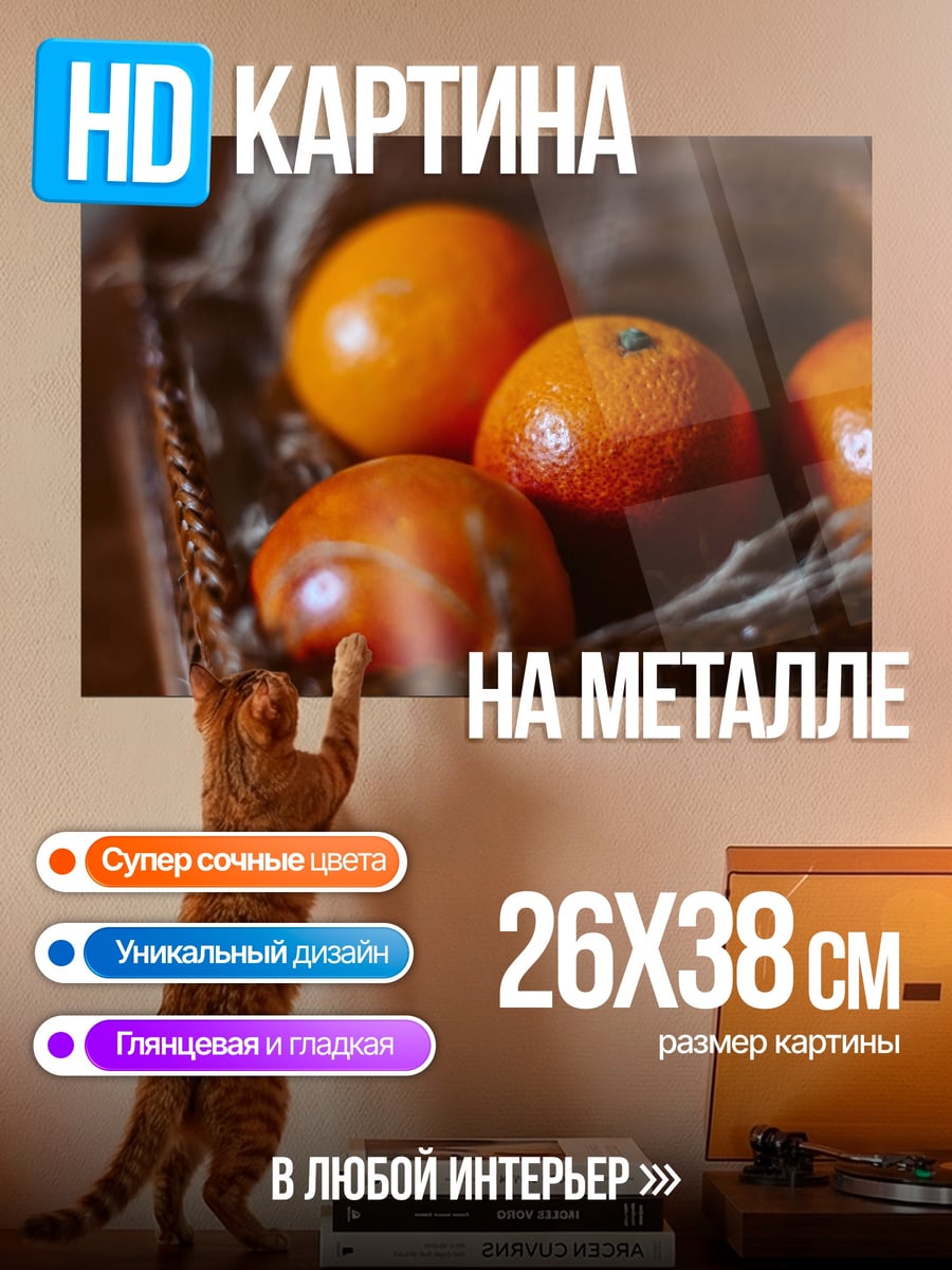 Картина на металле мандарины в корзине