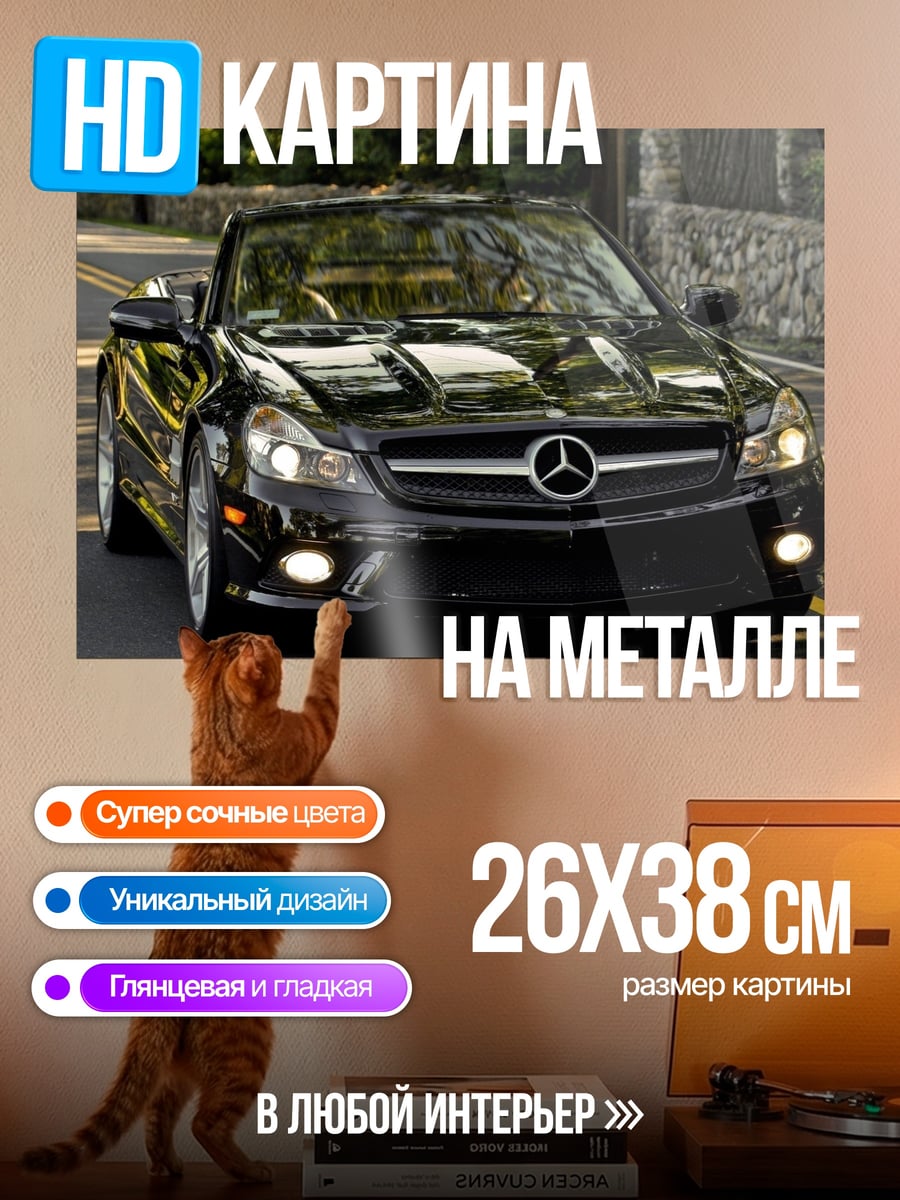 Картина на металле черный мерседес на дороге